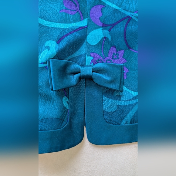Vintage Adrianna Papell 100% Silk Teal Purple Floral Blouse Jacket Size 12 - Picture 8 of 16